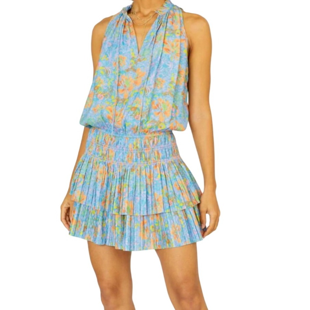 Current Air Floral Mini Dress Women L Blue Orange Smocked Tiered Coastal Resort
